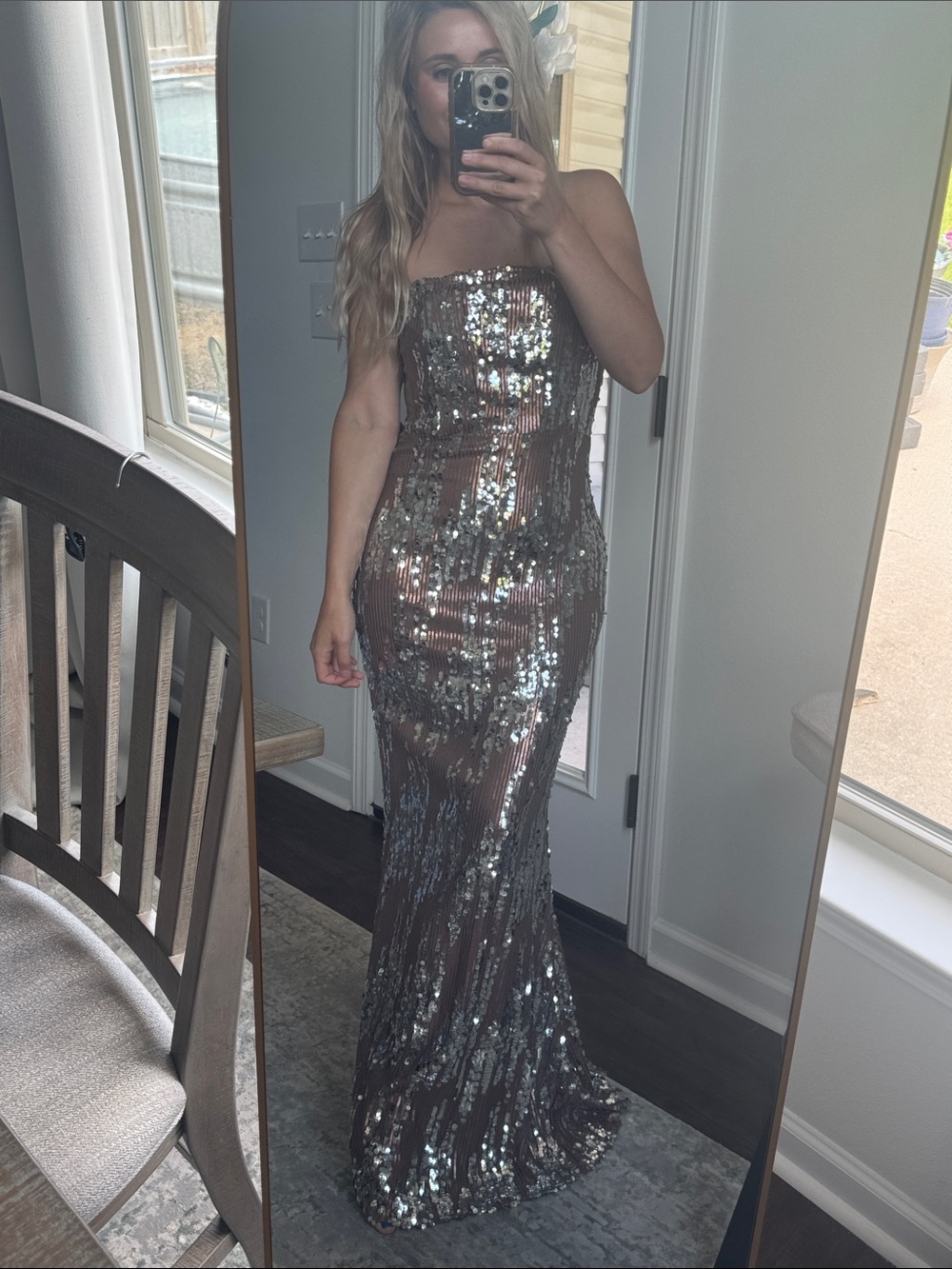 Strapless Sequin Evening Gown in Brown Silver - Picture 3 of 9